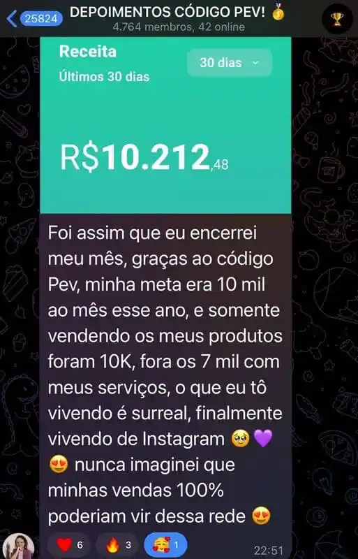 Print de resultado de aluna do Código PEV no Instagram