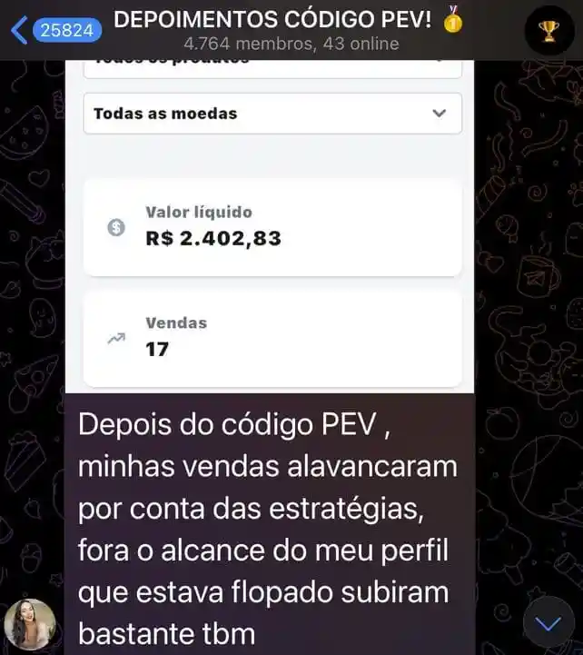 Depoimento de aluna do Código PEV relatando aumento das vendas