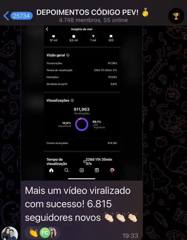 Print de resultado de aluna do Código PEV com vídeo viralizado com sucesso.